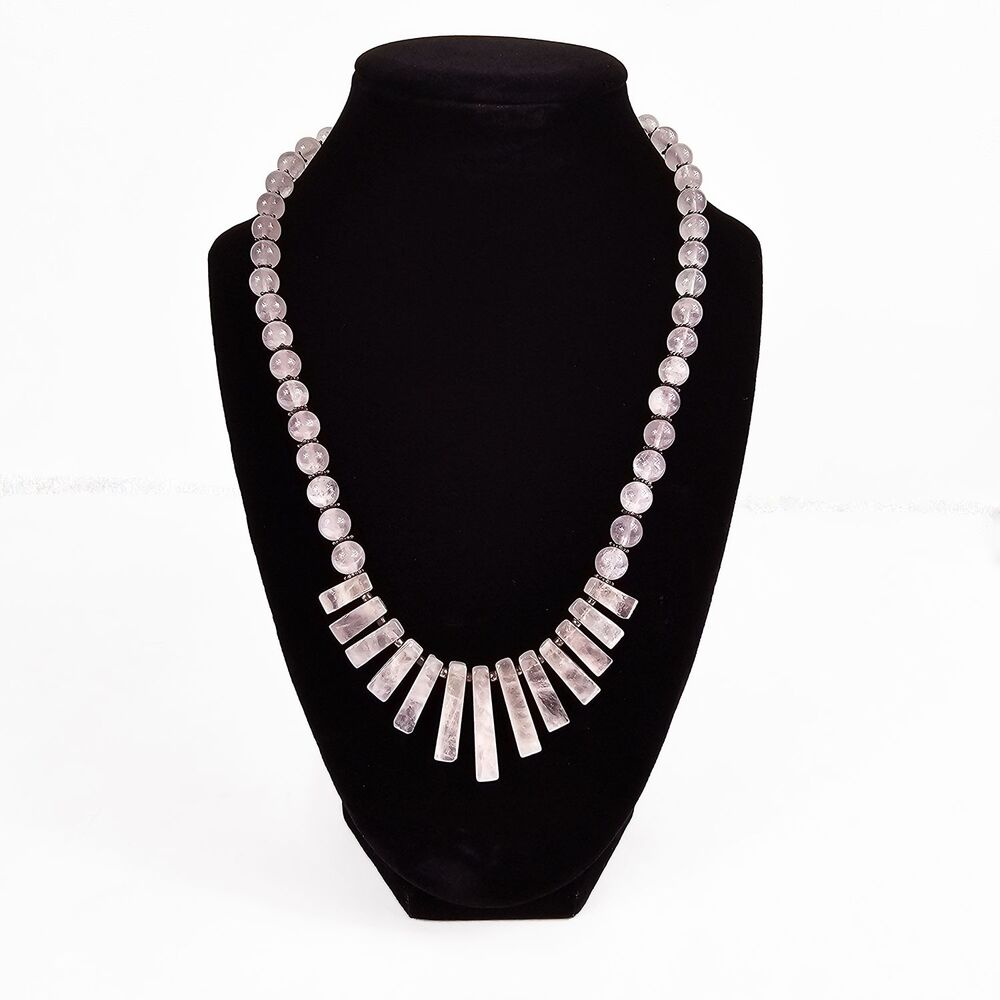 Handmade Light Pink Quartz Collar Necklace Silver Plated Beads
